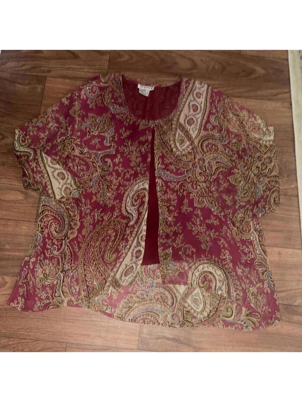 💕Vintage Marisol Red Paisley Print Boho Plus Size Beaded Artsy Blouse Top